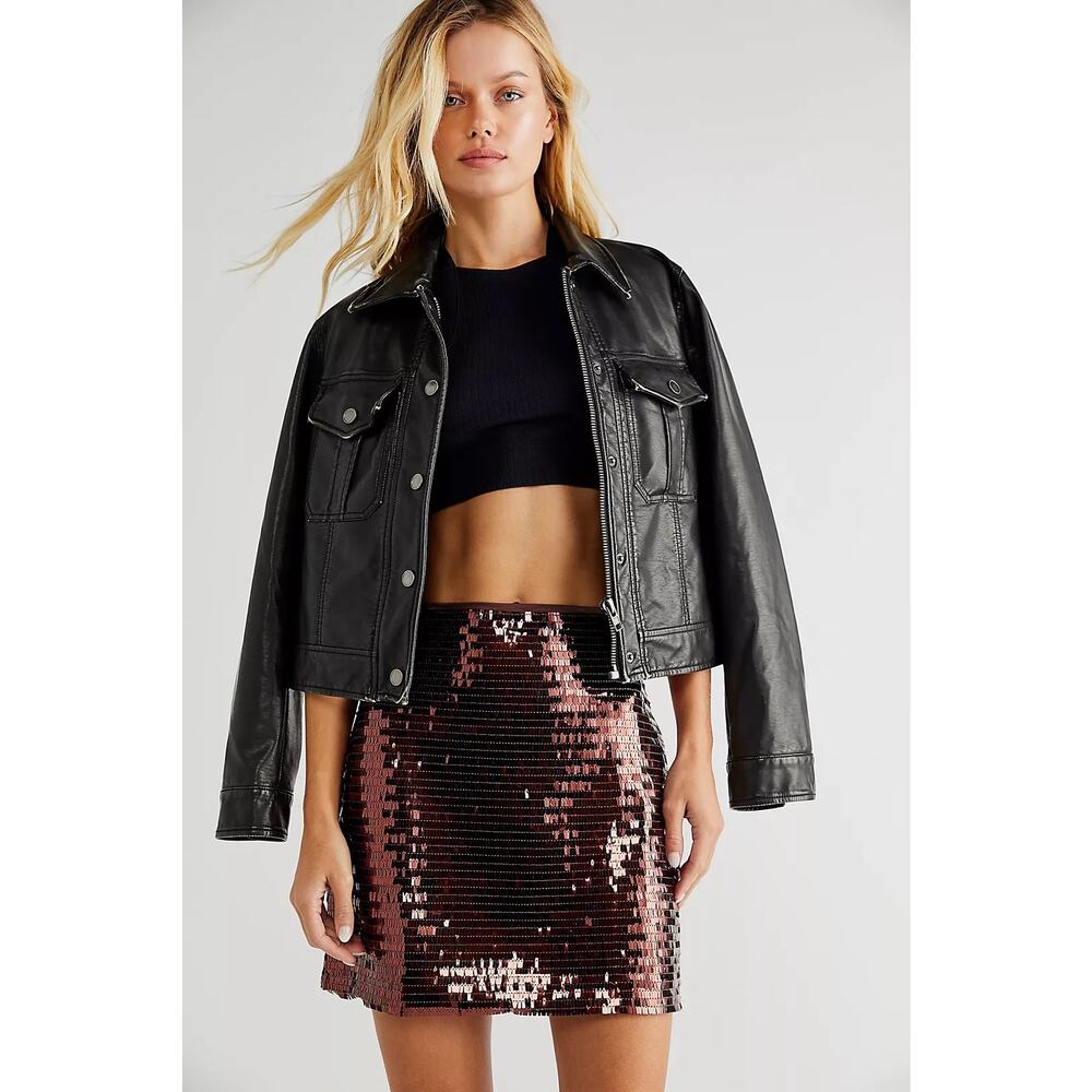 FREE PEOPLE X EN SAISON SEQUIN FRINGE MINI SKIRT- BROWN - LARGE